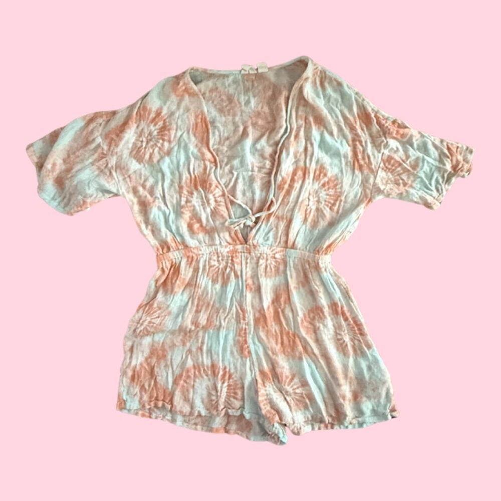 Roxy Tie Dye Peach Mint Short Sleeve V-Neck Beach Cover-Up Romper M